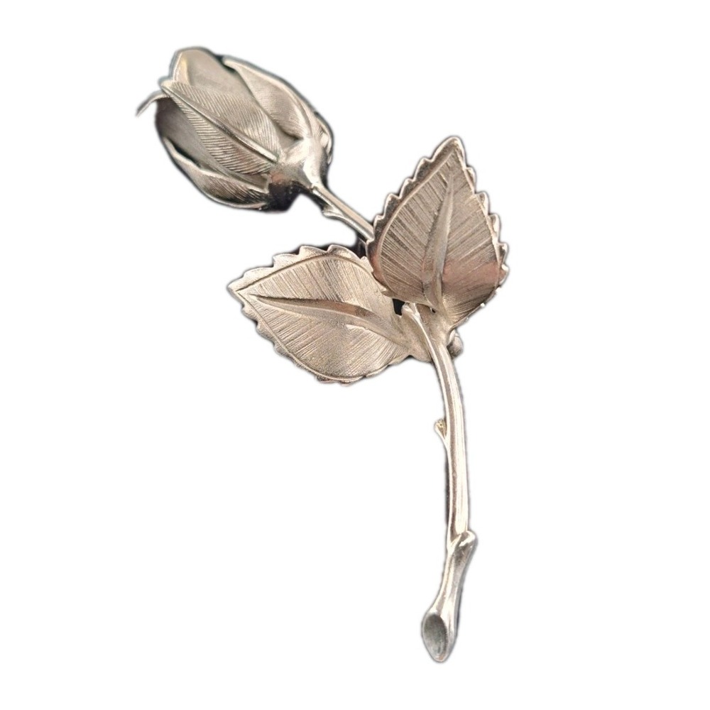 Giovanni Vintage Rose Pin Brooch Silver Tone Long Stem Floral Signed